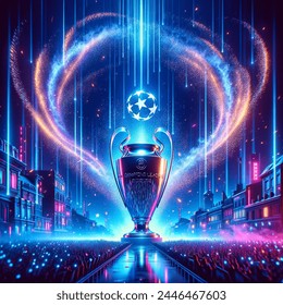 --v 5 --q 2 --ar 16:9 --stylize 500 "generate a cinematic background inspired by the uefa champions league theme, using vibrant shades of blue, sky blue, and fuchsia. envision a dynamic composition that exudes the electrifying atmosphere of a champions