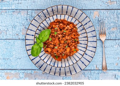 Vegetarian lentil bolognese with mushrooms and carrots Stock-foto