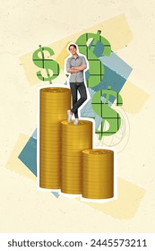 Vertical photo collage of happy businessman stand stack increase income gold coin dollars money rich wealth isolated on painted background 库存照片
