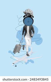 Vertical poster collage young man hurry rush airplane departure clock alarm miss delay traveler tourist valise luggage summer vacation trip Foto stock