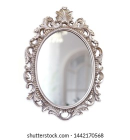 vintage design, silver decorative frame mirror, antoque mirror, classical design mirror.  Stock Photo