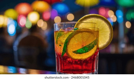 A vibrant festival drink in a glass with a lemon slice and colorful paper umbrella, illuminated by soft cinematic lighting, stands out against a dreamy bokeh background, capturing the festive spirit.: stockfoto