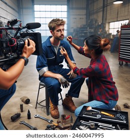 a videomaker films a make-up artist applying make-up to a mechanic in a workshop.