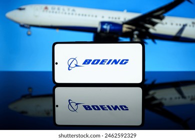 Virginia, USA - 2024 may 15: The Boeing company logo shown in screen. Aerospace company. High quality photo Adlı Haber Amaçlı Stok Fotoğraf