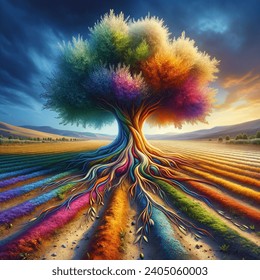 I want an olive tree with vibrant-colored olives, positioned at the forefront of a field. The tree should display a fusion of colors from its roots to its leaves, showcasing the palette that comprises the tree. I'd like a realistic picture, the tree