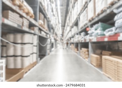 Warehouse industry blur background with logistic wholesale storehouse, blurry industrial silo interior aisle for furniture merchandise inventory and wood material, construction supplies big box store 库存照片