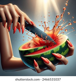 Water action photo of a woman with manicured fingernails with nail polish holding a knife and cutting into the middle of a whole watermelon to slice up for a refreshing snack with the juice splash of energy hot summer vibes 