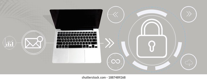 white laptop on gray background, data protection e-learning concept Stock-foto