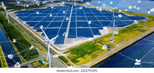ビューと通信ネットワークコンセプトの風力発電所と太陽光発電所のドローンのポイント。再生可能エネルギー。グリーン技術。緑の変換。環境技術。ミックスメディア。の写真素材