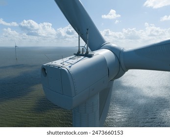 風車。洋上風車公園。グリーンで持続可能なエネルギー。オランダのAfsluitdijkにある風力発電所。ビューを接写します。の写真素材