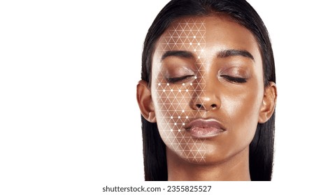 Woman, face and skincare science with overlay on mockup space in hygiene, dermatology or cosmetics. Futuristic person, model and scientific technology in cosmetology, beauty makeup or facial genetics Stockfotó