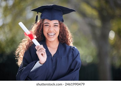 Woman, graduation and portrait with smile at college for success, growth and achievement in Brazil. Female student, happy and certificate outdoors for pride, goals and education in university Adlı Stok Fotoğraf