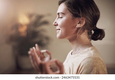 Woman, person and meditation with lotus for yoga with holistic wellness, mental health and healing in class. Girl, yogi and posture for mindfulness, stress relief or zen with eyes closed and happy 库存照片