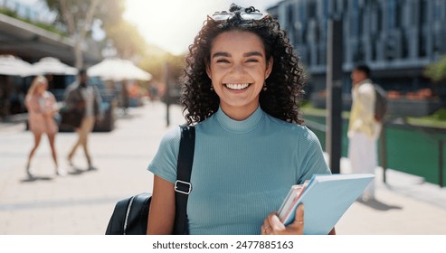 Woman, portrait and outdoor happiness at university, books for education or learning on campus. Female student, smile and notes for knowledge at college, academy scholarship for school in Canada Adlı Stok Fotoğraf