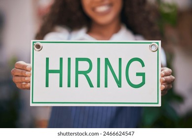 Woman, recruiting and poster for we are hiring for job or career, interview and offer for vacancy opportunity. Entrepreneur girl, startup and hire sign or board for employee search and small business 库存照片