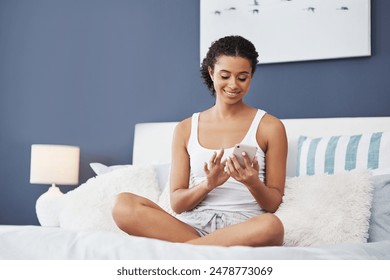 Woman, smile and using phone on bed for social media, reading and relax with mobile app. Connection, technology and happy person in home for networking, conversation and notification for update
