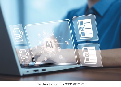 Women AI, artificial intelligence in modern medical technology and IOT automation. Woman using AI document management concept.	 Adlı Stok Fotoğraf
