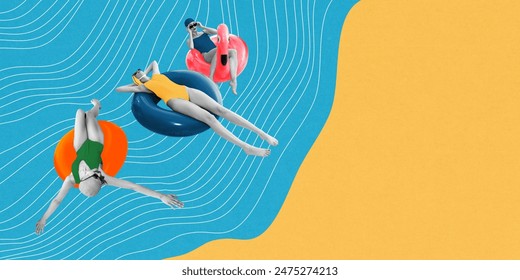 Women in swimsuits on colorful pool floats against stylized blue and yellow background with wavy white lines, creating surreal beach scene. Contemporary art. Concept of summer, vacation, relaxation Stock-foto