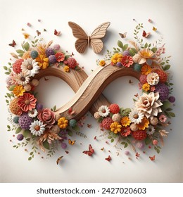 Wood carving 3D image of infinity sign. women's day. 8 march. white background. flowers frame figure eight. butterfly, happy women's sign. woman silhouette. frame. plain.