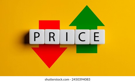 A word puzzle with the word price written in white letters. The puzzle is made up of white blocks and has a red and green arrow on either side of the word. The image has a yellow background Foto Stock