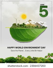 World Environment Day Poster, Nature Conservation 5 June. Leaf Tree Green Energy Ecology. Stock Photo