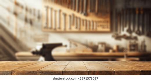 Worn old wooden table and workshop interior. Retro vintage photo of background and mockup. Sun light and dark shadows.  Stock Photo