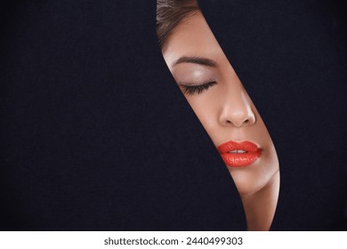 Young, woman and makeup or beauty in cutout for cosmetics, skincare and dermatology. Model or person with eyes closed and dreaming of foundation in art deco, mockup and a dark or black background Stockfotó