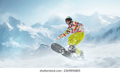 Young girl in sportswear sliding on snowboard over snowy mountains background. Winter activity. Concept of winter sport, action, motion, hobby, leisure time. Banner. Copy space for ad Foto stock