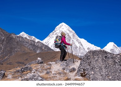 Young lady trekker standing in front of Mount Pumori. Foto stock