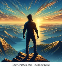 A zoomed out Illustration of the view from behind of Man Standing On Top Of A Mountain overlooking a deep blue sea at sunset 