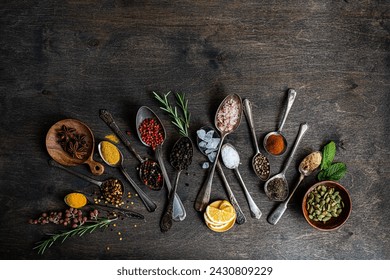 From above flat lay showcasing a variety of spices and seeds in spoons on a dark wooden surface, including sunflower seeds, anise stars, rosemary, mint, lemon, and various colorful peppers and salts. Foto stock