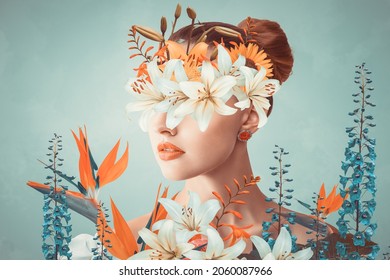 Abstract contemporary art collage portrait of young woman with flowers on face hides her eyes Stock-foto