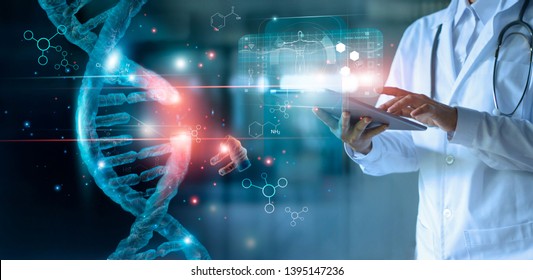추상적인 발광 DNA 분자.태블릿을 이용한 의사의 가상 인터페이스에서 분석 염색체 DNA를 확인한다.약의학과 생명공학이죠 스톡 사진
