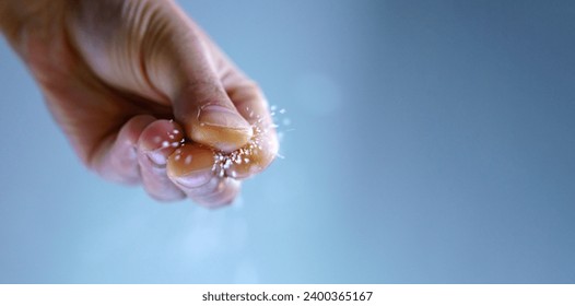 Adds salt, culinary concept, selective focus. Cooking Copy space Foto stock