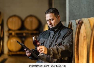 成人の男性は、ワインの品質をチェックするワイナリー・チェック・グラスを作りながら、ワインの製造過程を管理する。の写真素材