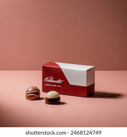 Advertising - product photo of clean advertising image of chocolate pralines with a white package. soft red tones, no hard shadows