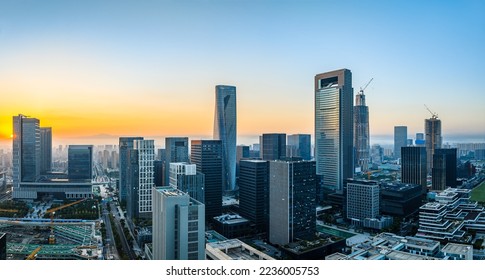 Aerial view of city skyline and modern buildings at sunrise in Ningbo, Zhejiang Province, China. East new town of Ningbo, It is the economic, cultural and commercial center of Ningbo City. Stock-foto