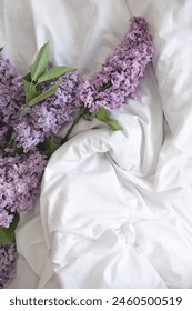 Aesthetic floral background with lilac flowers bouquet on messy crumpled white linen sheets and blanket, elegant business branding template for social media, copy space. Arkistovalokuva