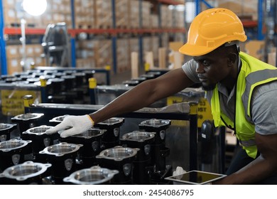 アフリカ系アメリカ人の男性倉庫労働者は、倉庫で製品の安全性ユニフォーム、ヘルメット、および検査の品質を着用していますの写真素材