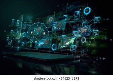 AI, Big Data, and business analytics icons represent the integration of advanced technology in analyzing graphs, business data, and market trends, driving strategic decisions and innovative solutions. 库存照片