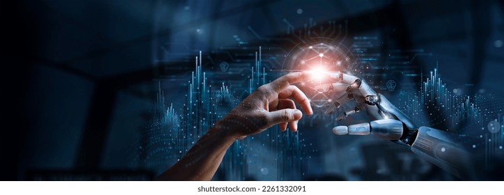 AI, 기계 학습, 로봇의 손과 빅 데이터 네트워크 연결, 데이터 교환, 심층 학습, 과학 및 인공 지능 기술, 미래의 혁신 스톡 사진