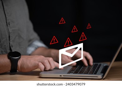 Alert Email inbox and spam virus with warning caution for notification on internet letter security protect, junk and trash mail and compromised information Stockfotó