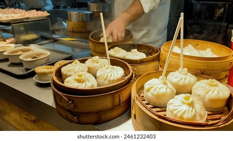 Assorted Chinese soup dumplings, xiaolongbao, in bamboo steamers at a dim sum restaurant, showcasing Asian cuisine, potentially for Chinese New Year celebrations 库存照片