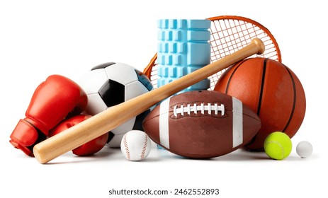 Assorted sports equipment isolated on white background Stockfoto