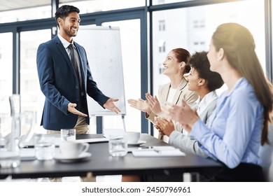 Applause, business people and meeting for support at presentation, architect group with speaker and praise. Planning, construction project and team building with pride, feedback and success in office Stockfoto