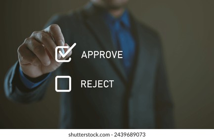 Approved, accept, pass inspection, Businessman writing or tick correct mark to approve document and project concept. Management, manager, examine, survey, tick, certification, business, technology. – Ảnh có sẵn