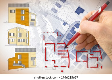Architect drawing a new residential building over an imaginary cadastral map of territory.: stockfoto