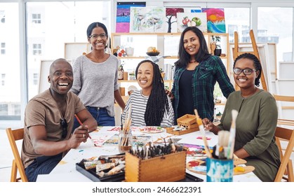 Art, creative and painting with portrait of friends in studio together for bonding, hobby or fun. Diversity, happy or smile with man and woman group in class for development, education or learning Stockfotó