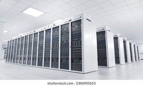人工知能と大規模言語モデル訓練クラスター。明るくクリーンな大規模データセンター内のホワイトサーバキャビネット。スーパーコンピュータと高度なクラウドコンピューティングの概念。の写真素材