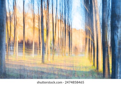 Représentation artistique d'une forêt en automne, concoctée dans un style impressionniste qui mélange les détails dans les couleurs et la lumière. : photo de stock